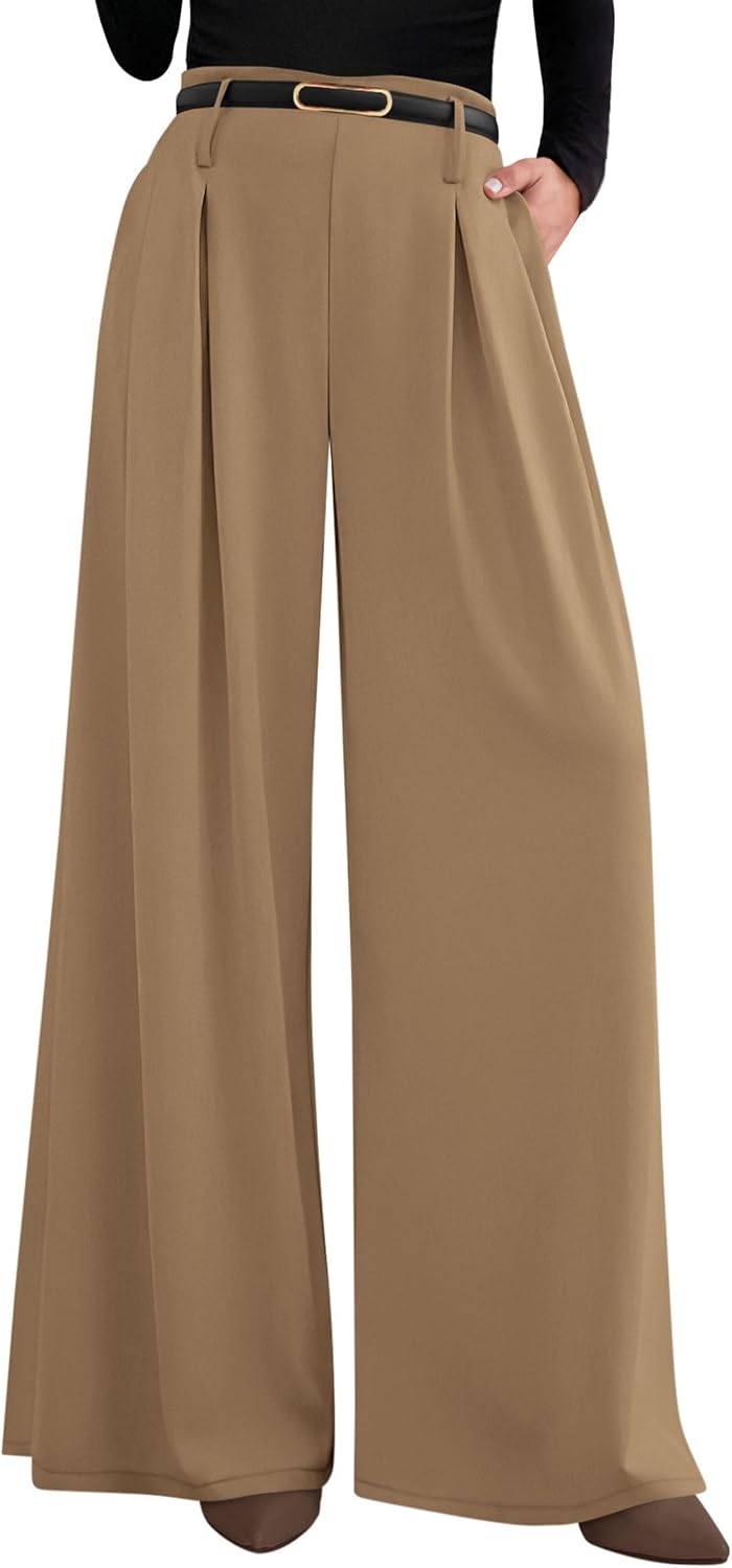 Women's Wide Leg Dress Pants - Pleated Front Palazzo Trousers with Elastic High Waist and Pockets for Work - Small Long