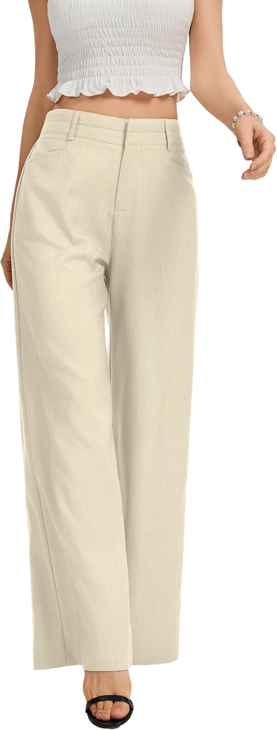 Women's High Waist Wide Leg Work Pants - Loose Office Slacks with Back Elastic Waistband for Business Casual - Small Sho