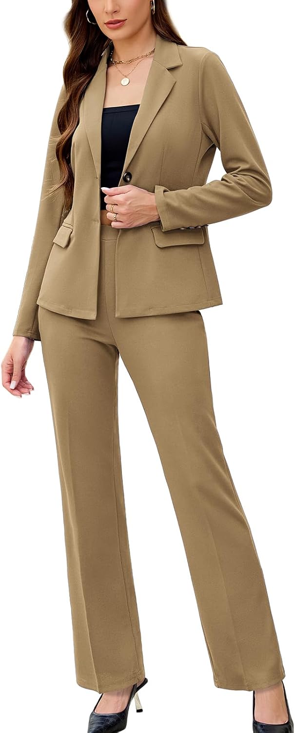 Women's Solid Two Piece Pantsuit - Long Sleeve Blazer and Trousers Set for Professional Office and Work Days - Small (14