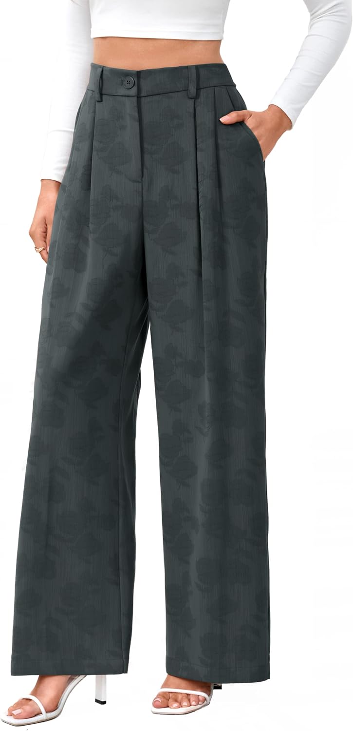 Women's High Waist Wide Leg Work Pants - Loose Office Slacks with Back Elastic Waistband for Business Casual - Large