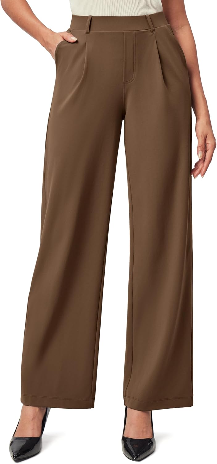 Women's Stretchy Wide Leg Work Pants - Pull On High Waisted Trousers for Teaching, Travel and Office Days - Small