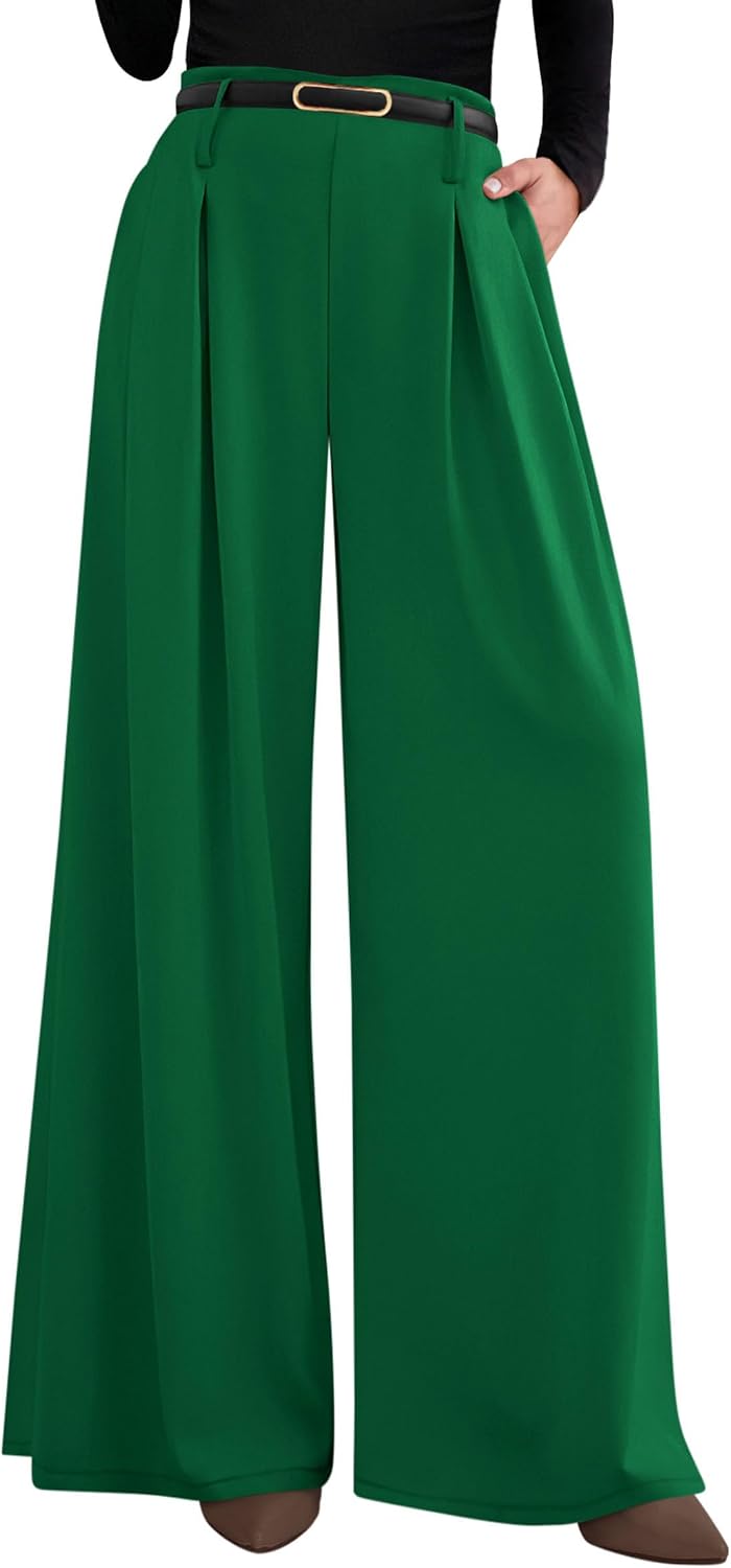 Women's Wide Leg Dress Pants - Pleated Front Palazzo Trousers with Elastic High Waist and Pockets for Work - Small Long