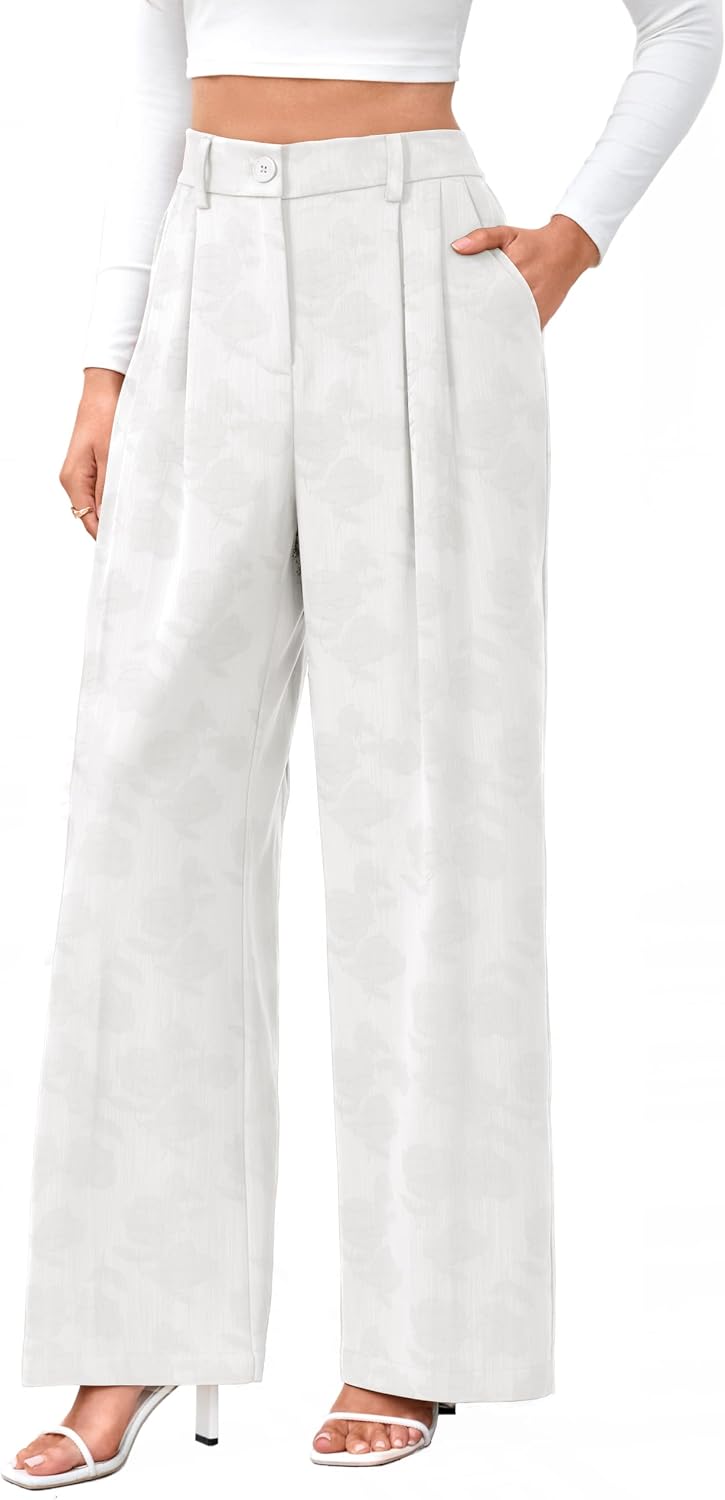 Women's High Waist Wide Leg Work Pants - Loose Office Slacks with Back Elastic Waistband for Business Casual - Small (50