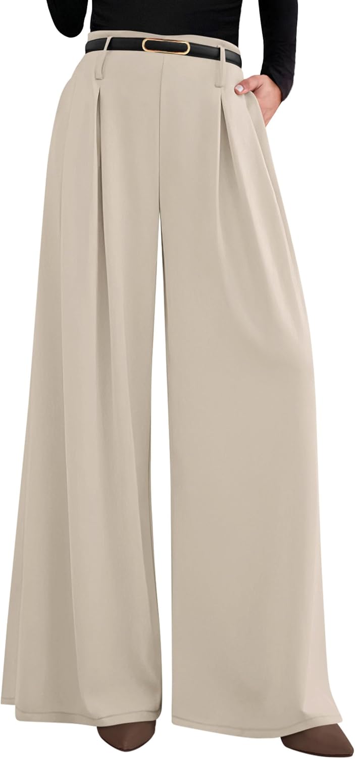 Women's Wide Leg Dress Pants - Pleated Front Palazzo Trousers with Elastic High Waist and Pockets for Work - Small Long