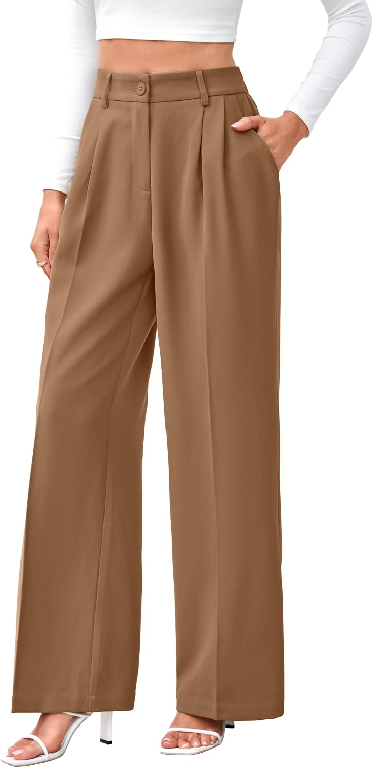 Women's High Waist Wide Leg Work Pants - Loose Office Slacks with Back Elastic Waistband for Business Casual - Small Lon