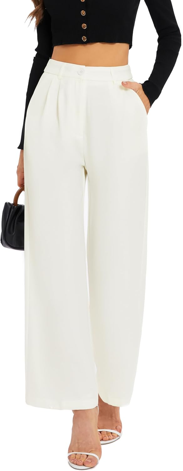Women's High Waist Wide Leg Work Pants - Loose Office Slacks with Back Elastic Waistband for Business Casual - Small Lon