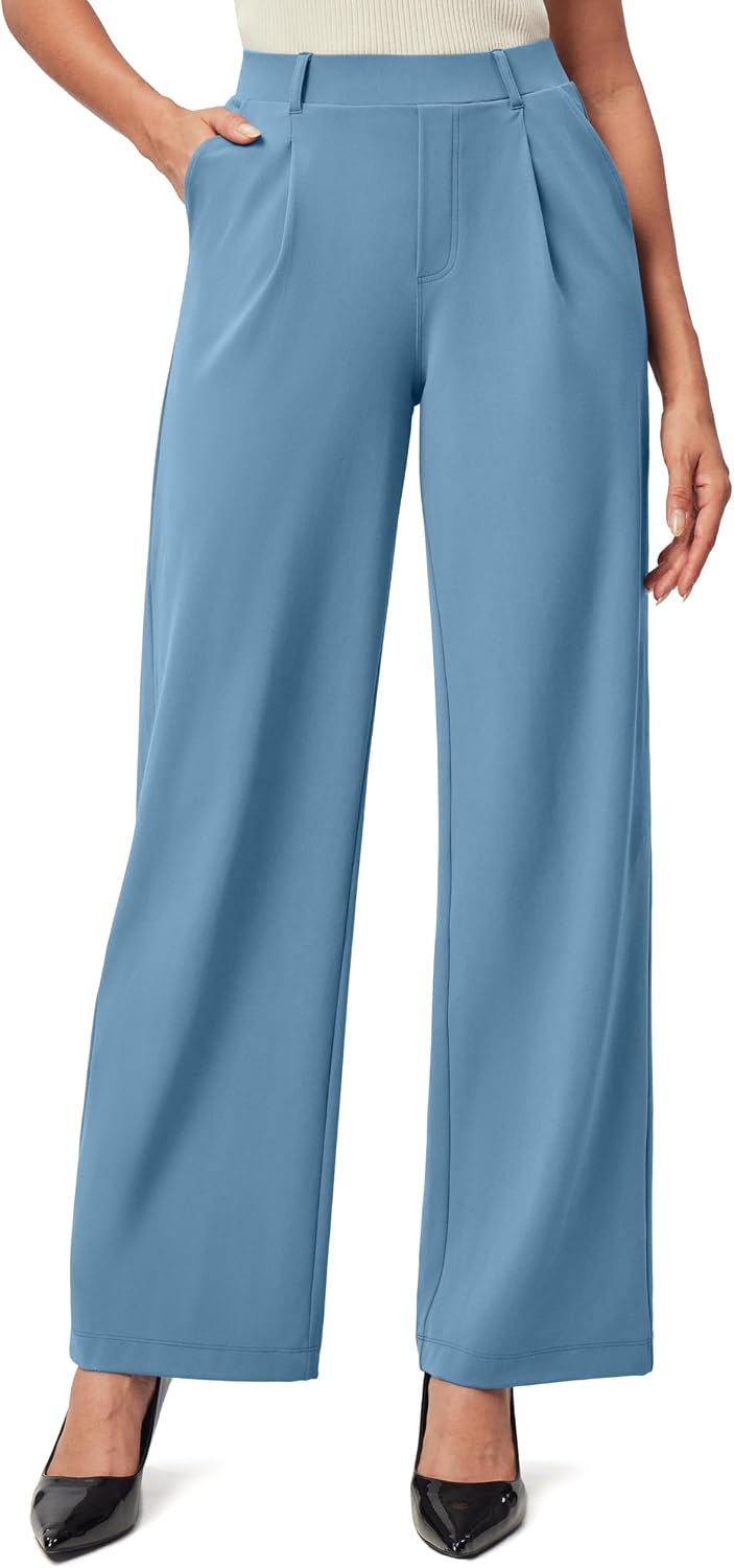 Women's Stretchy Wide Leg Work Pants - Pull On High Waisted Trousers for Teaching, Travel and Office Days - Small
