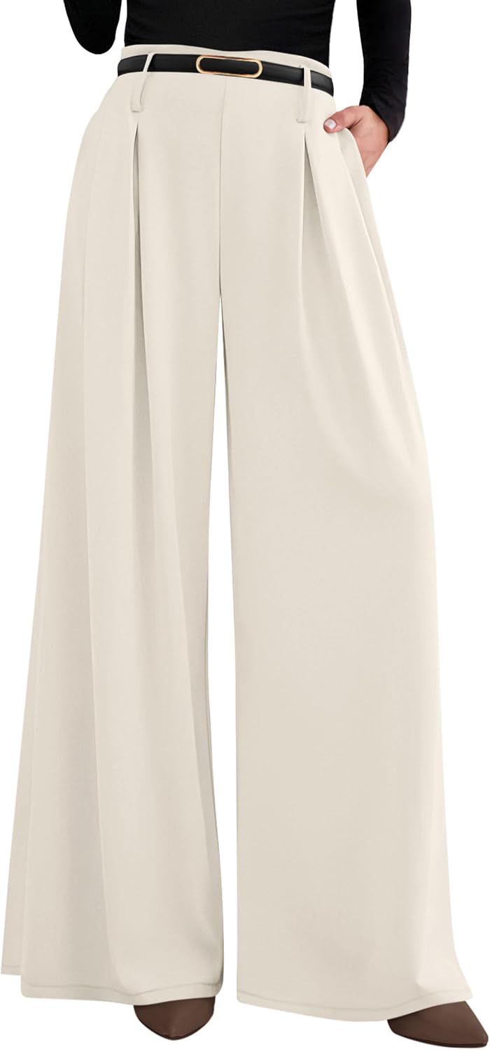 Women's Wide Leg Dress Pants - Pleated Front Palazzo Trousers with Elastic High Waist and Pockets for Work - Small Long