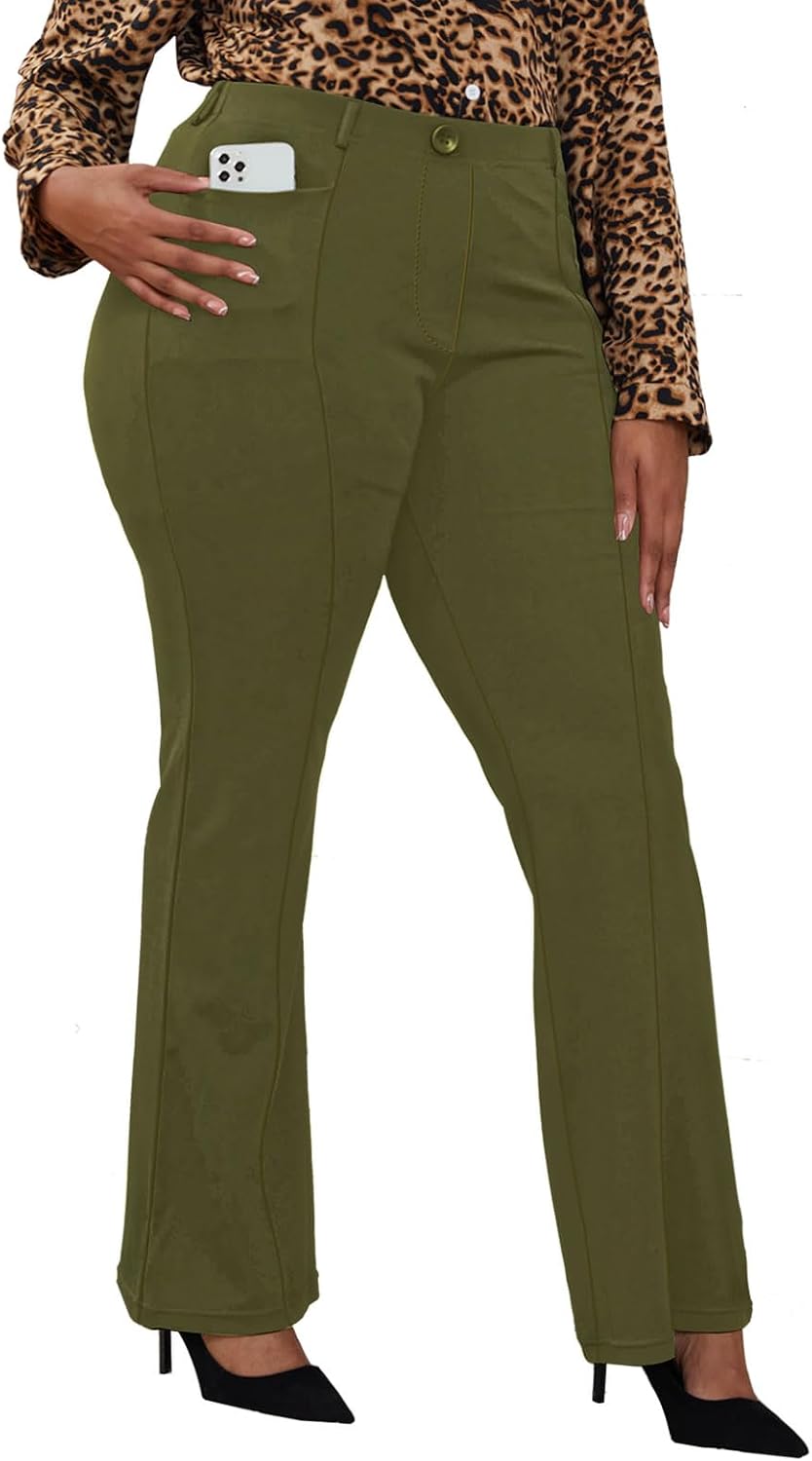 Women's Plus Size Pull On Dress Pants - Wrinkle Free Stretch Office Trousers in Petite, Regular and Long Fits - Long (4)