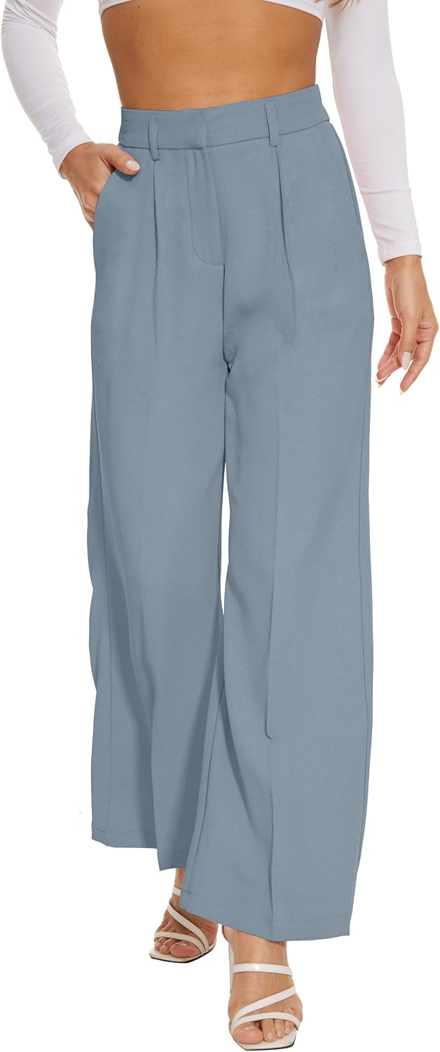 Women's High Waist Wide Leg Work Pants - Loose Office Slacks with Back Elastic Waistband for Business Casual - Medium
