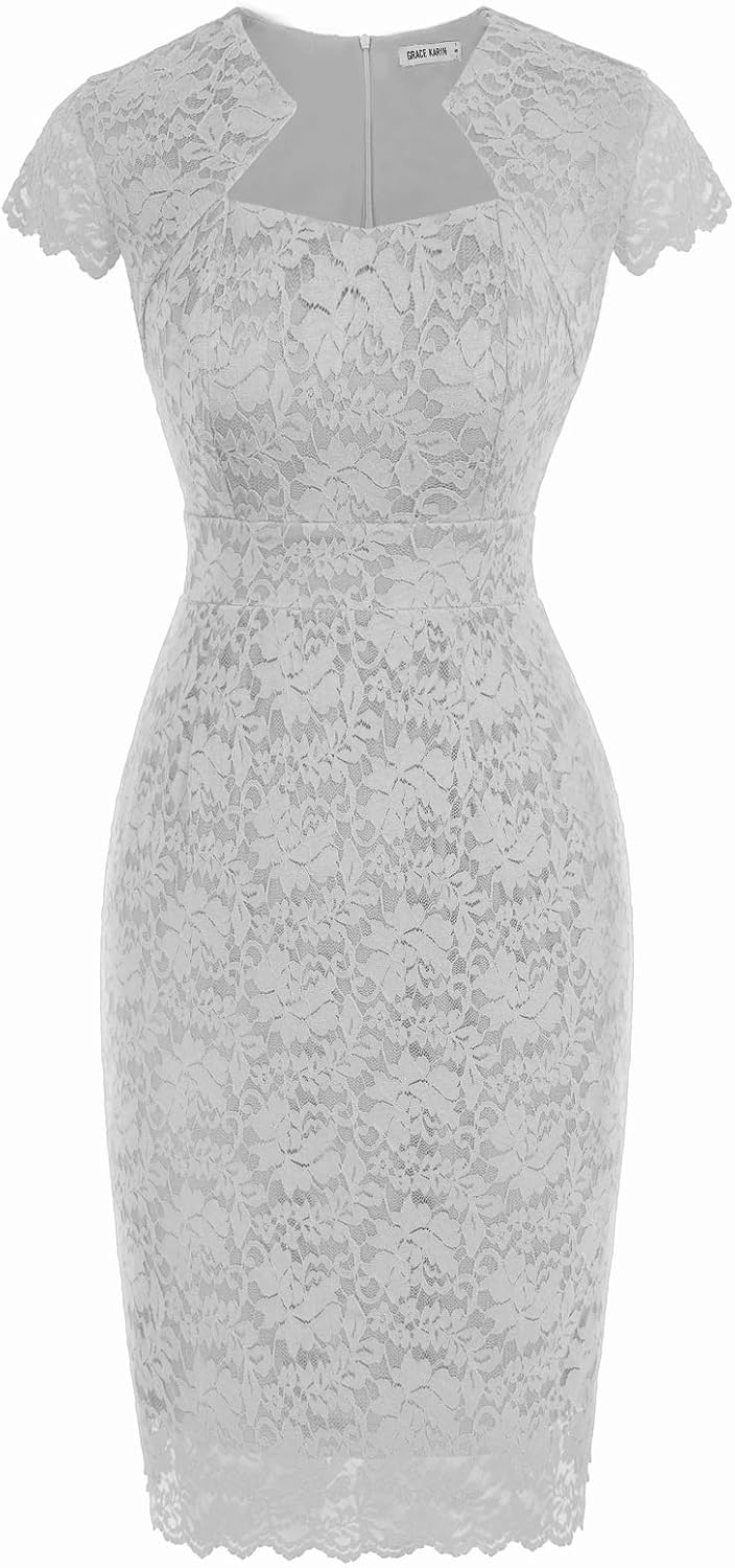 Women's Lace Cocktail Dress - Cap Sleeve Bodycon Pencil Dress for Weddings, Banquets and Semi Formal Evenings - Large