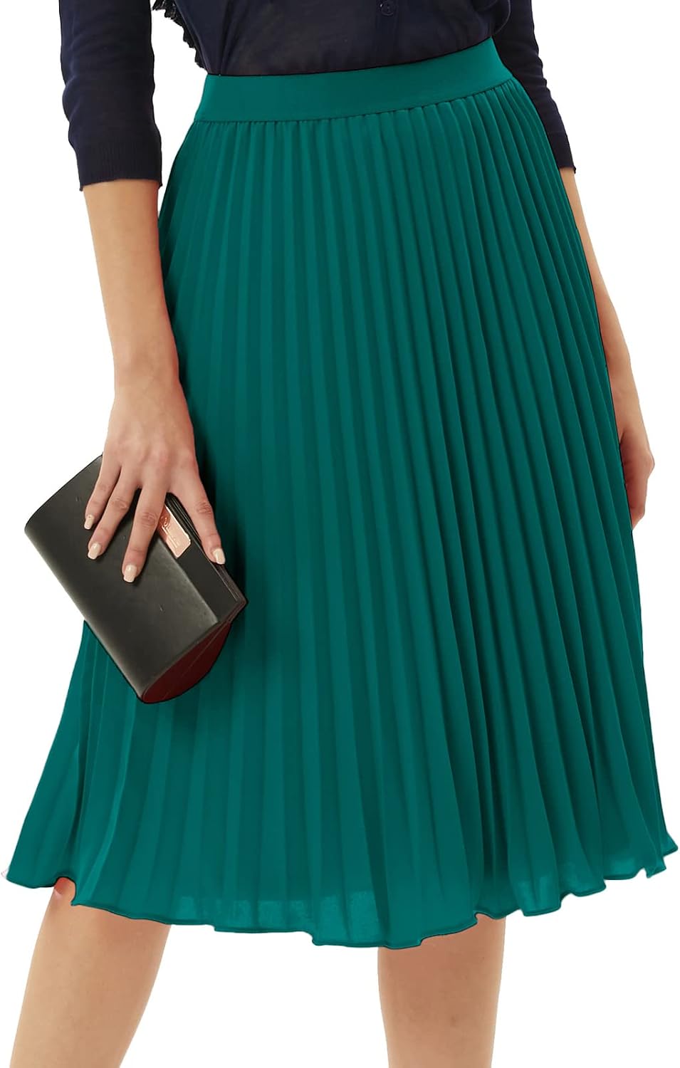 Women's Pleated Chiffon Midi Skirt - A-Line Flowy Swing Skirt with High Elastic Waist for Work and Party Wear - Medium