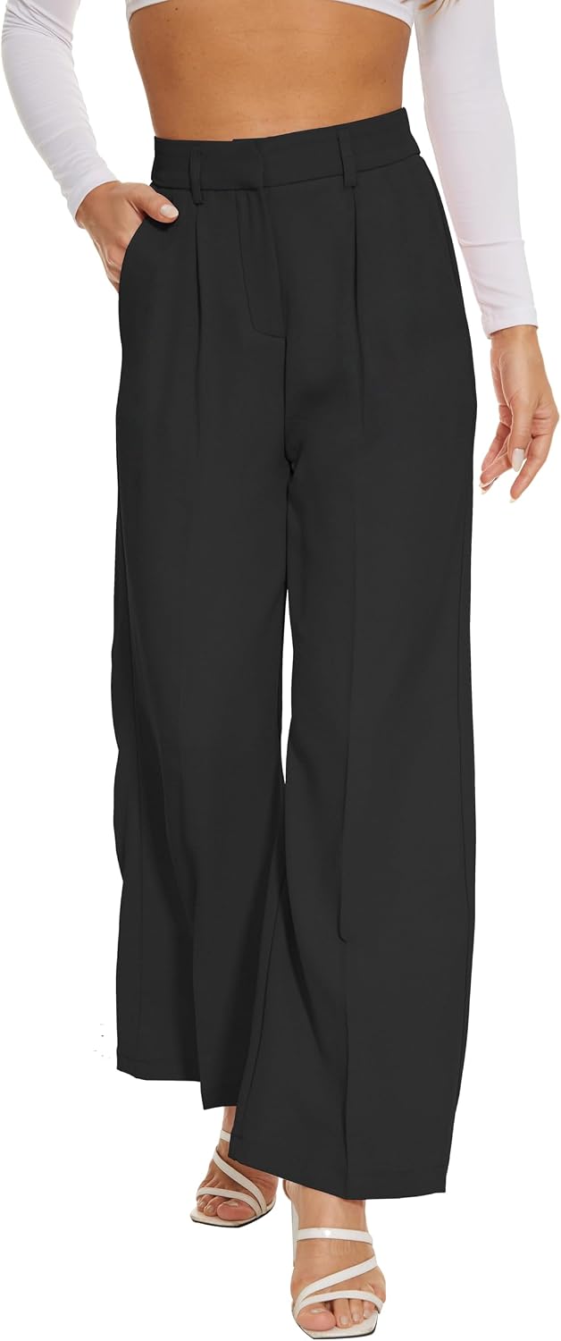 Women's High Waist Wide Leg Work Pants - Loose Office Slacks with Back Elastic Waistband for Business Casual - Medium Lo