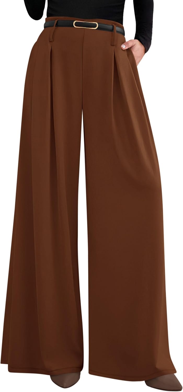 Women's Wide Leg Dress Pants - Pleated Front Palazzo Trousers with Elastic High Waist and Pockets for Work - Small