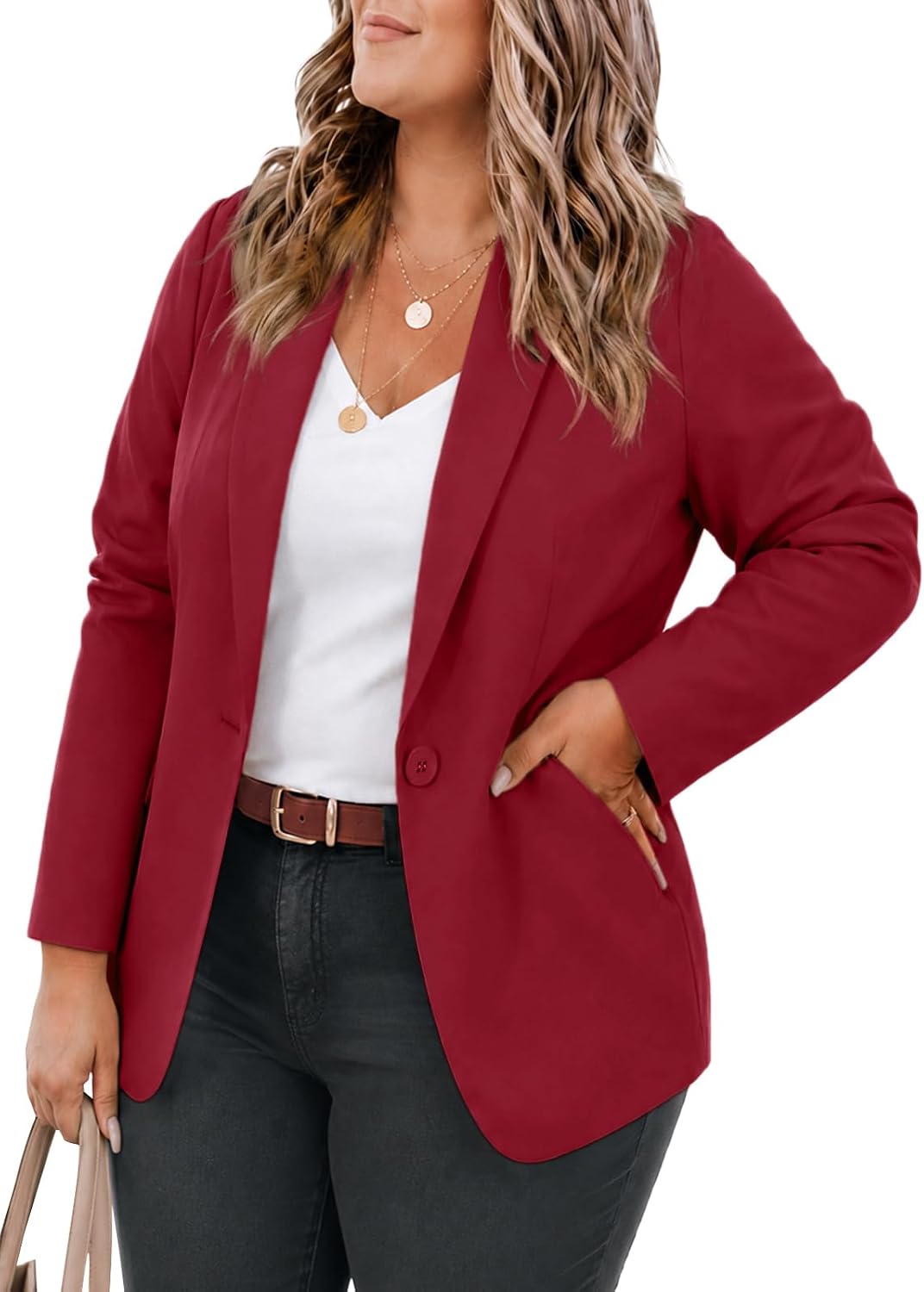 Women's Plus Size Lapel Blazer - Wrinkle Resistant Fabric, Single Button and Two Flap Pockets for Office Work - Large Pl