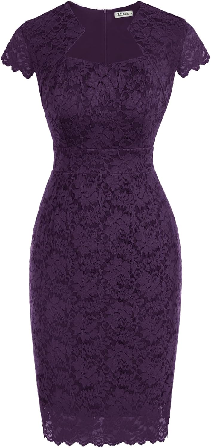Women's Lace Cocktail Dress - Cap Sleeve Bodycon Pencil Dress for Weddings, Banquets and Semi Formal Evenings - Medium