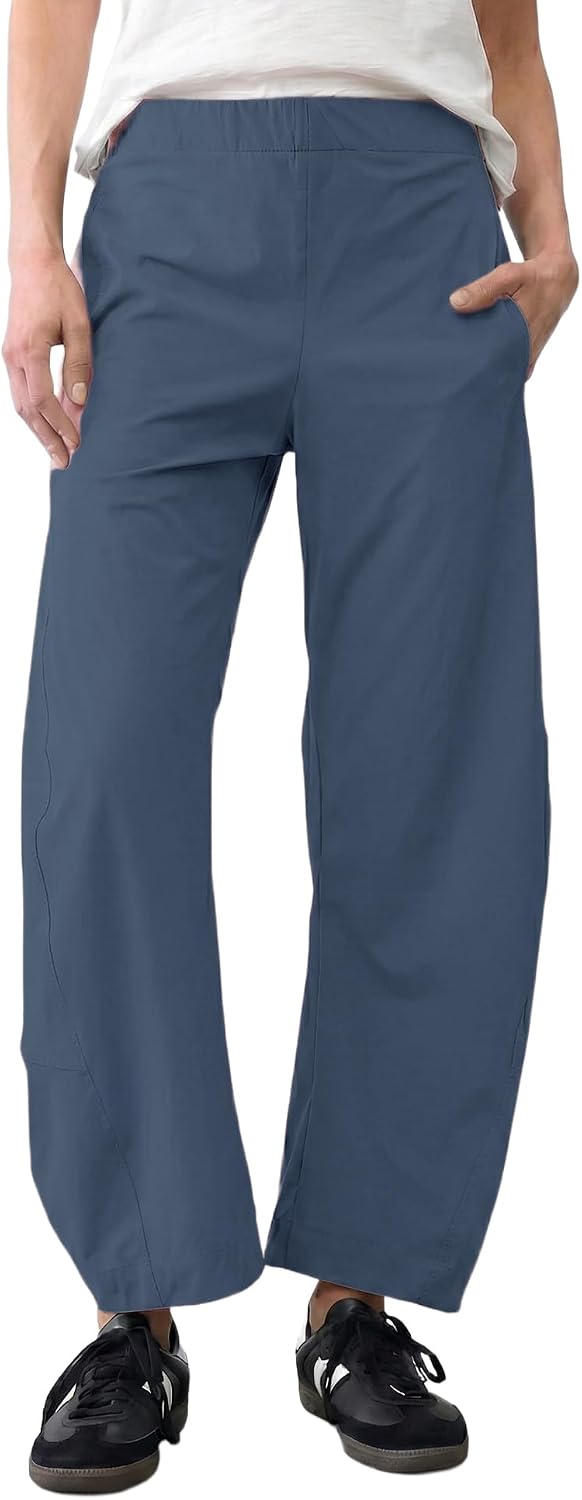 Women's Barrel Leg Ankle Pants - Loose Tapered Crop Trousers with Hidden Elastic Waist and Side Pockets - Small (12)
