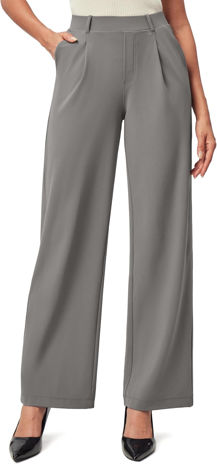 Women's Stretchy Wide Leg Work Pants - Pull On High Waisted Trousers for Teaching, Travel and Office Days - Small