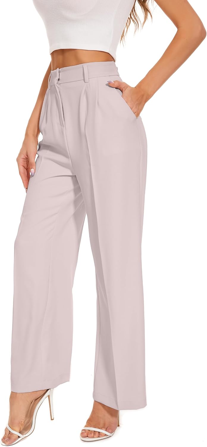 Women's High Waist Wide Leg Work Pants - Loose Office Slacks with Back Elastic Waistband for Business Casual - Small Sho