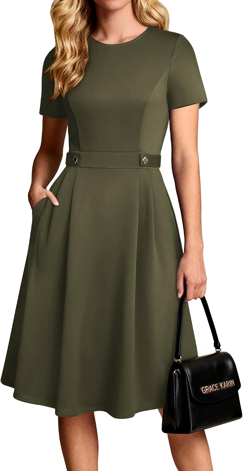 Women's Short Sleeve Midi Work Dress - Fit and Flare A-Line with Zipper Back and Pockets for Office and Church - Small