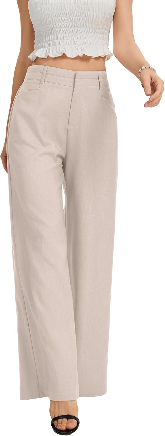 Women's High Waist Wide Leg Work Pants - Loose Office Slacks with Back Elastic Waistband for Business Casual - Medium