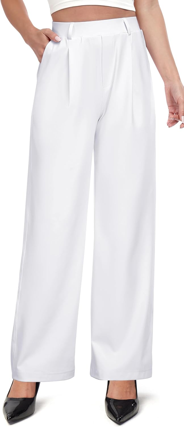 Women's Stretchy Wide Leg Work Pants - Pull On High Waisted Trousers for Teaching, Travel and Office Days - Small