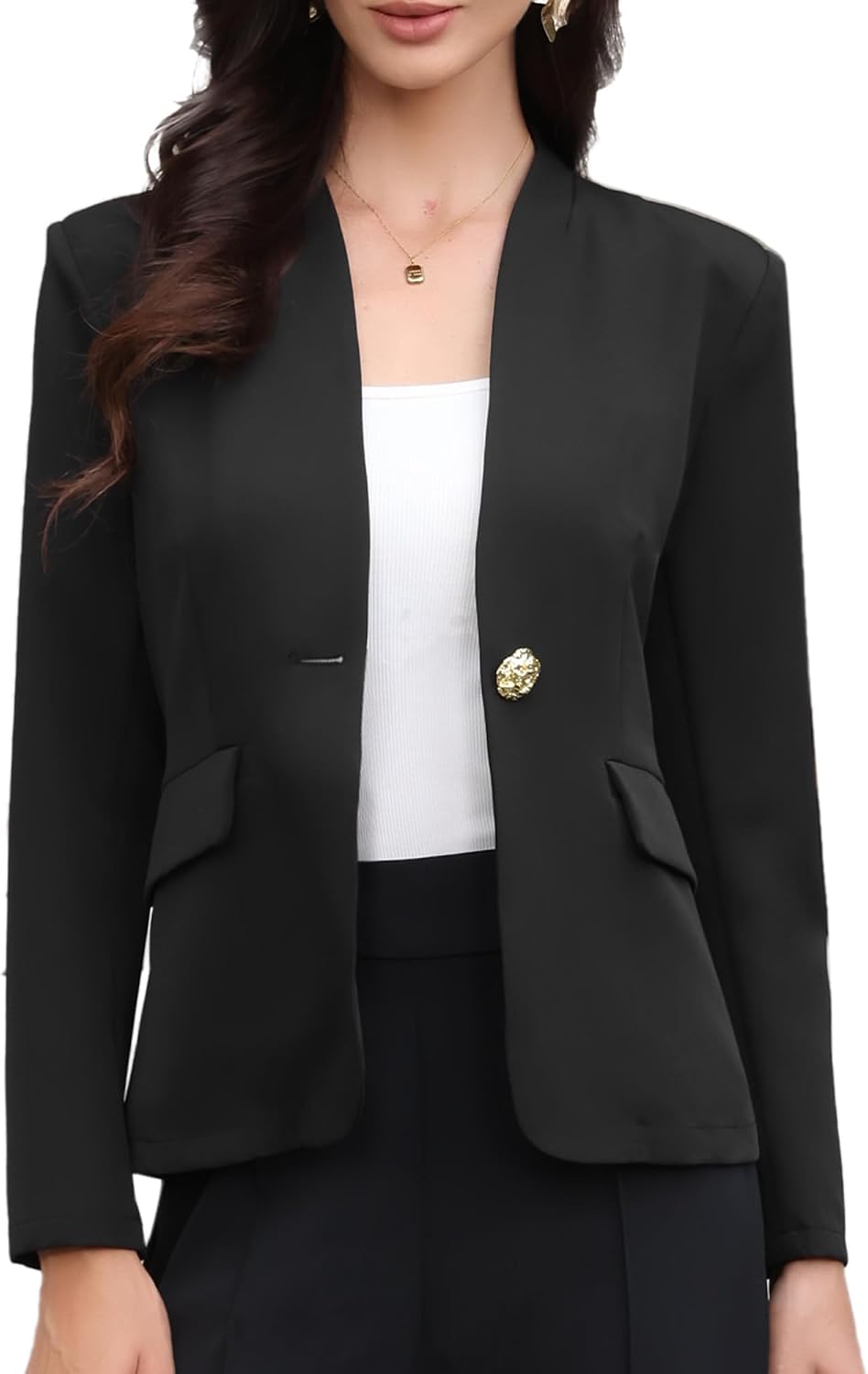 Women's Collarless Blazer - One Button Suit Jacket with Long Sleeves for Office Work and Business Casual Style - Small