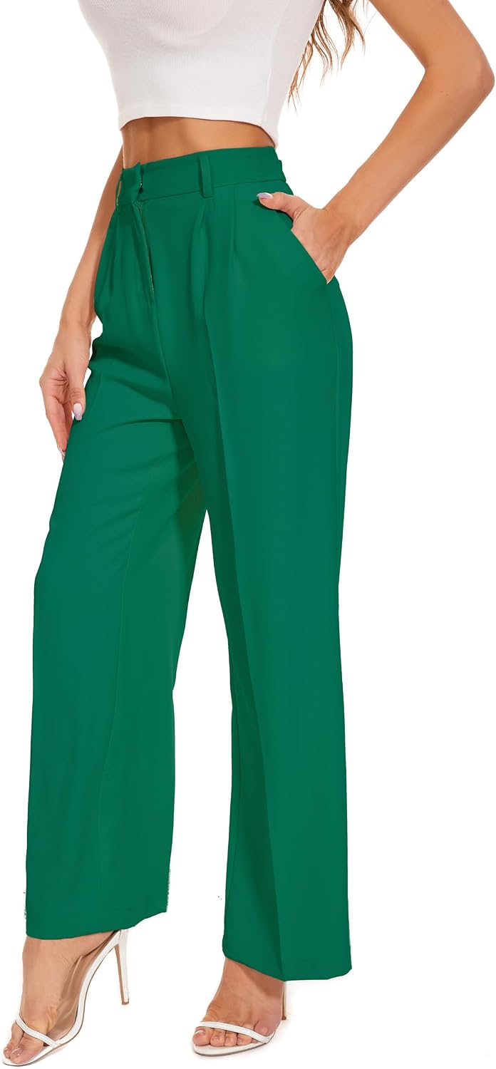 Women's High Waist Wide Leg Work Pants - Loose Office Slacks with Back Elastic Waistband for Business Casual - Small Sho