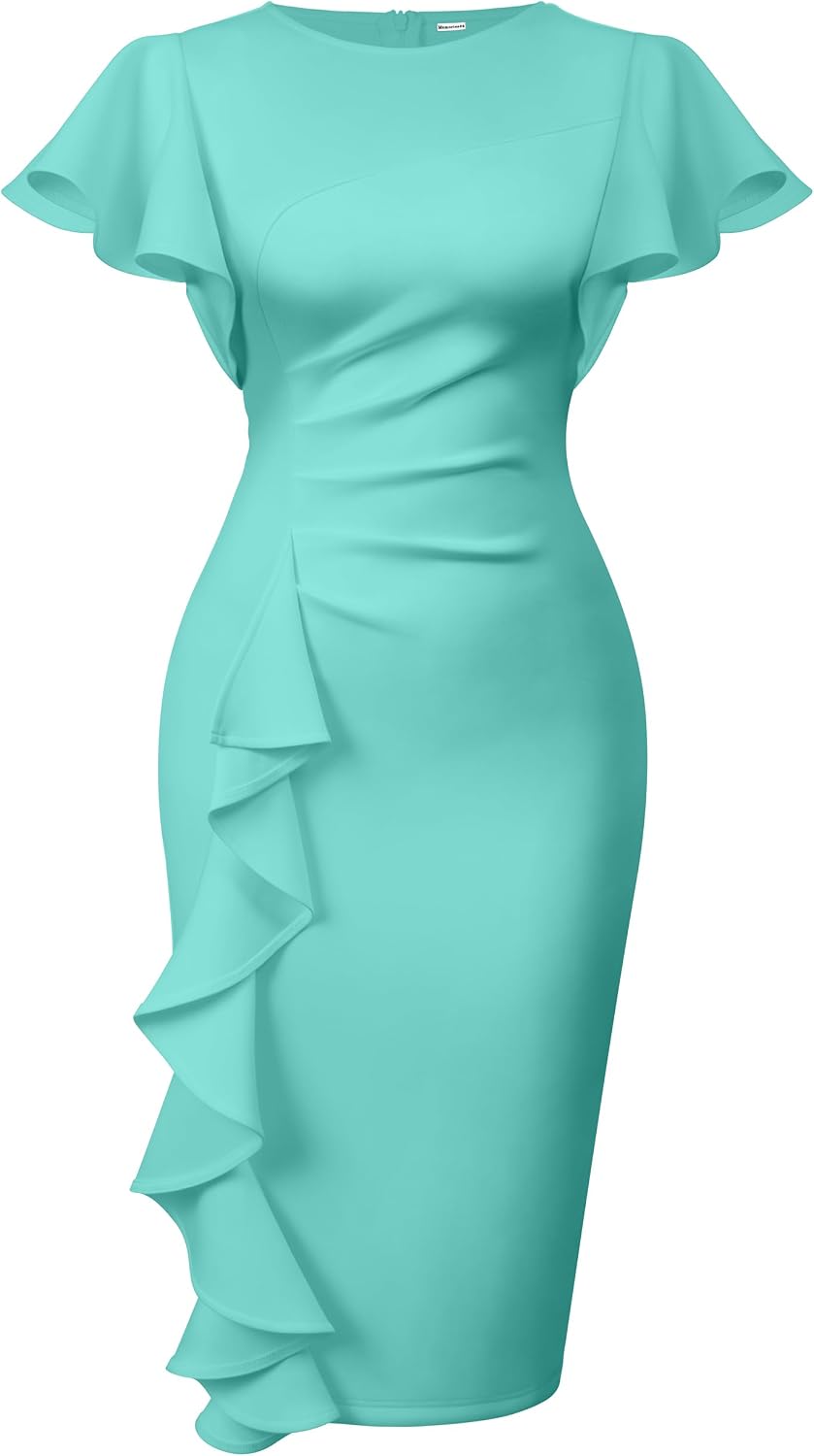 Women's Ruffle Sleeve Sheath Dress - Ruched Waist Midi with Back Zipper and Knee Length Hem for Office Wear - Small