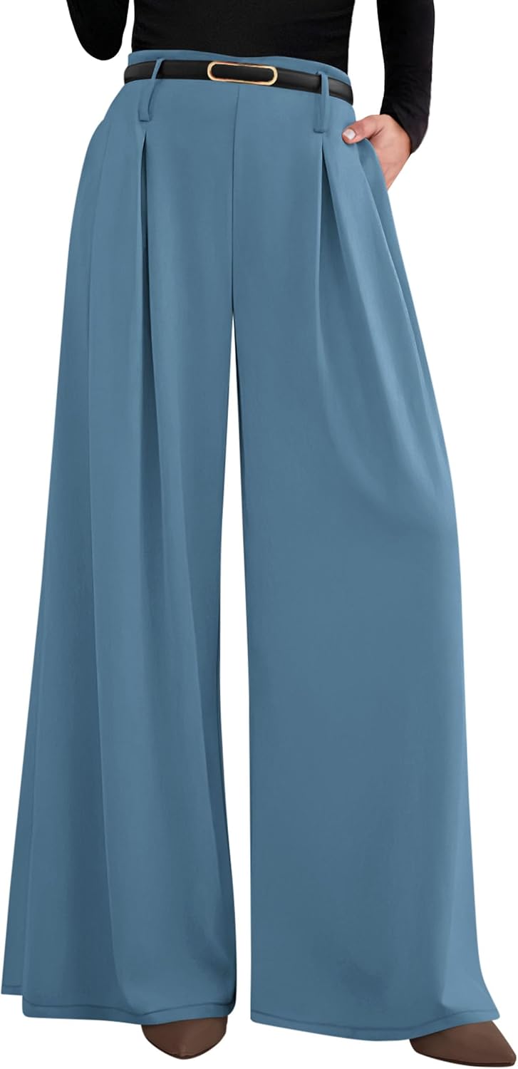 Women's Wide Leg Dress Pants - Pleated Front Palazzo Trousers with Elastic High Waist and Pockets for Work - Small Long