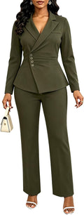 Women's Ruched Two Piece Pant Suit - Single Breasted Blazer, Back Belt and Matching Trousers for Business Wear - Small