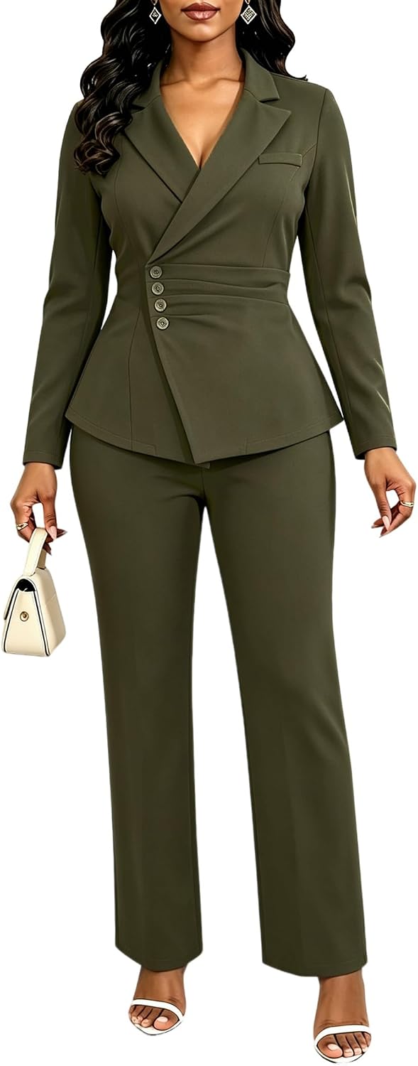 Women's Ruched Two Piece Pant Suit - Single Breasted Blazer, Back Belt and Matching Trousers for Business Wear - Small
