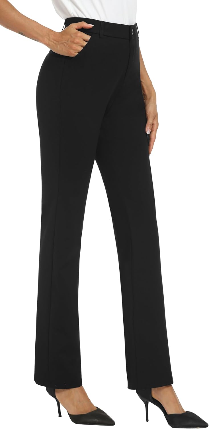 Women's Straight Leg Dress Pants - Stretch Office Slacks with Elastic Waistband, Belt Loops and Working Pockets - 0