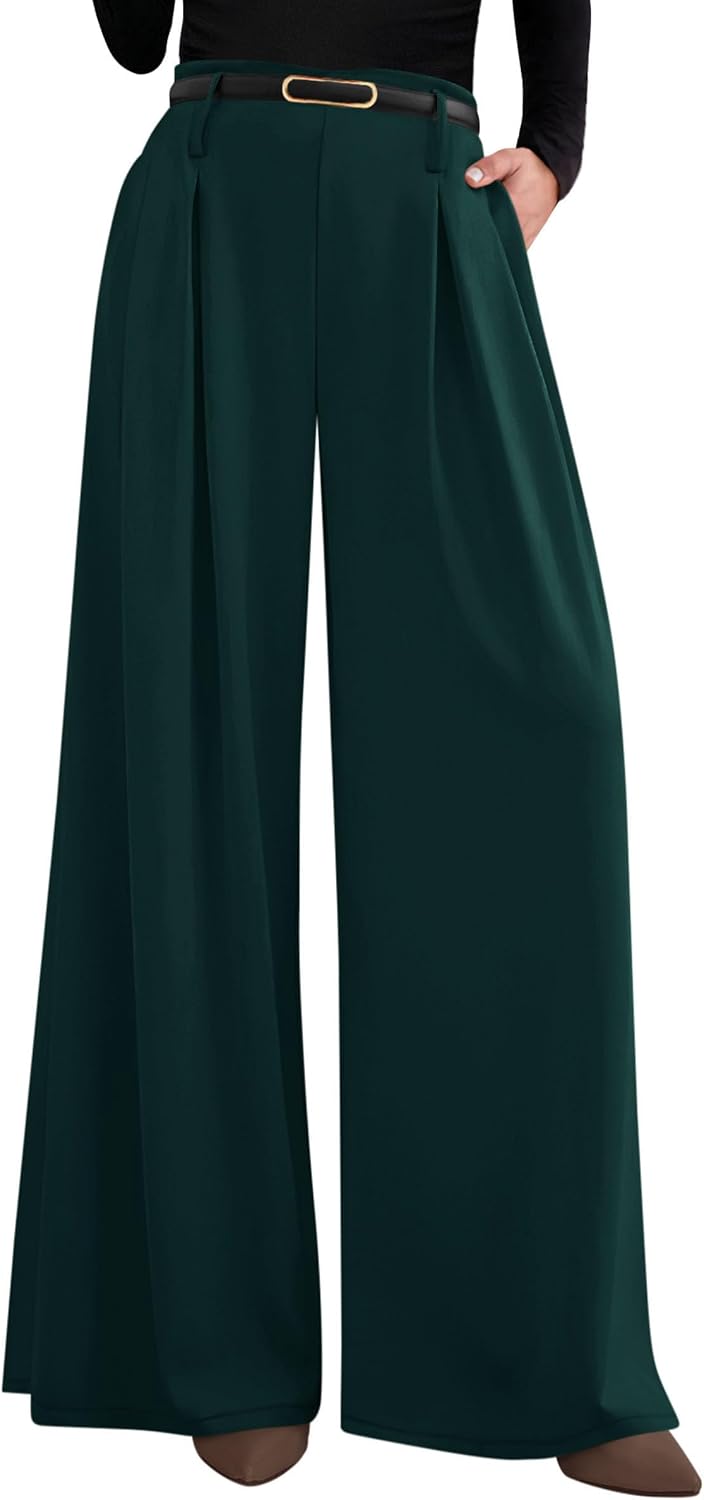Women's Wide Leg Dress Pants - Pleated Front Palazzo Trousers with Elastic High Waist and Pockets for Work - Small Long