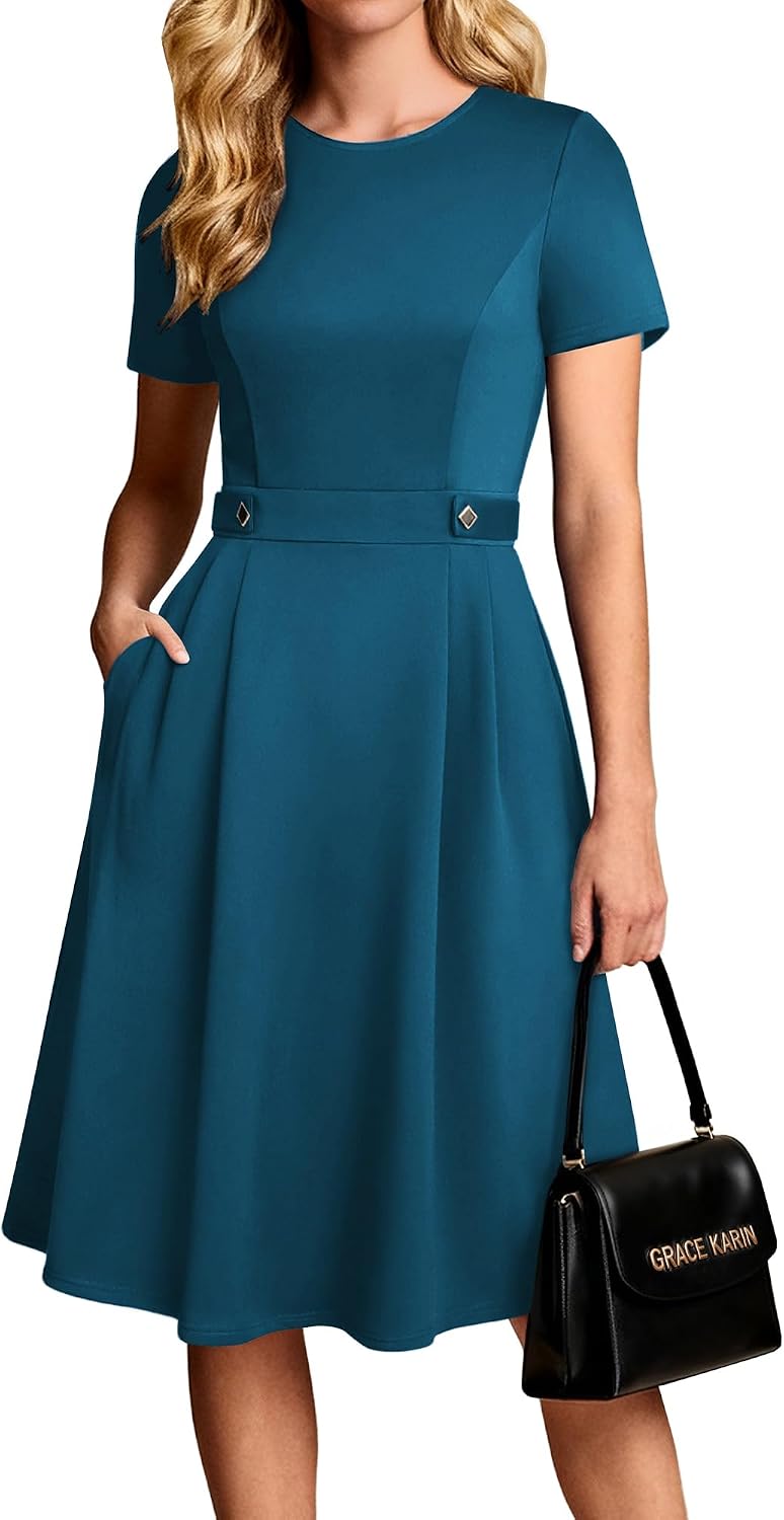 Women's Short Sleeve Midi Work Dress - Fit and Flare A-Line with Zipper Back and Pockets for Office and Church - Medium