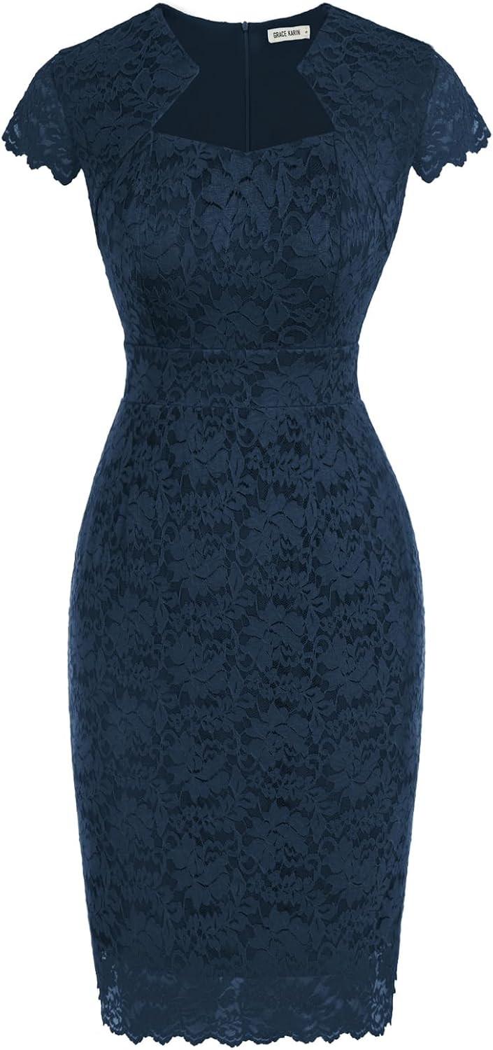 Women's Lace Cocktail Dress - Cap Sleeve Bodycon Pencil Dress for Weddings, Banquets and Semi Formal Evenings - Medium