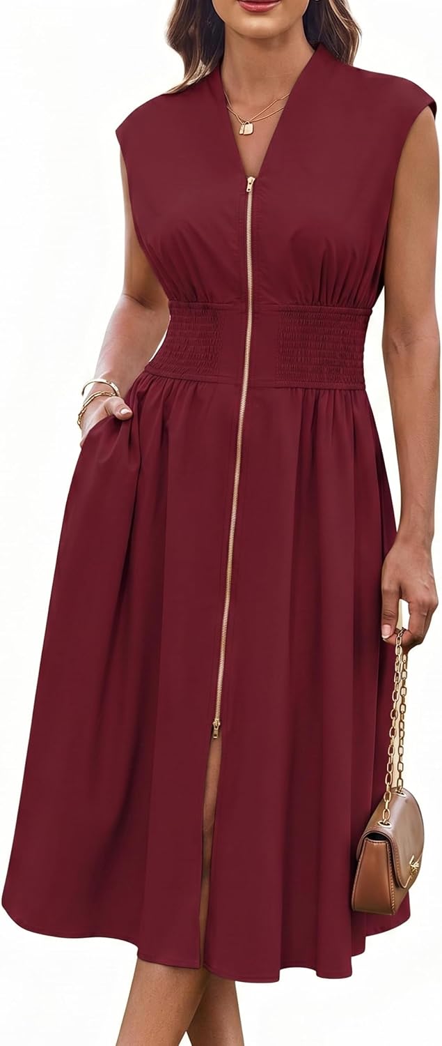 Women's Smocked Waist Work Dress - Cap Sleeve V Neck Midi with Front Zipper for Office and Summer Vacation Days - Black 