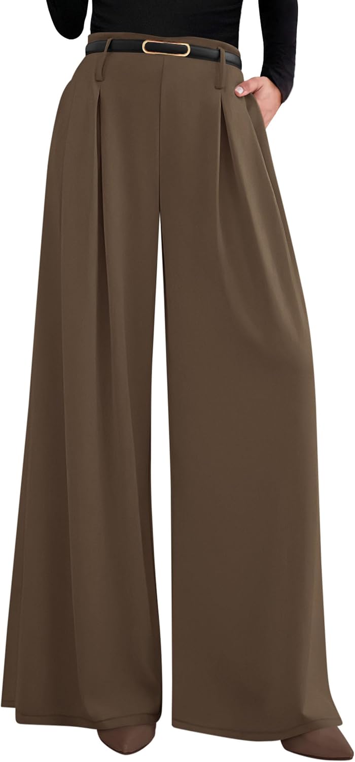 Women's Wide Leg Dress Pants - Pleated Front Palazzo Trousers with Elastic High Waist and Pockets for Work - Medium