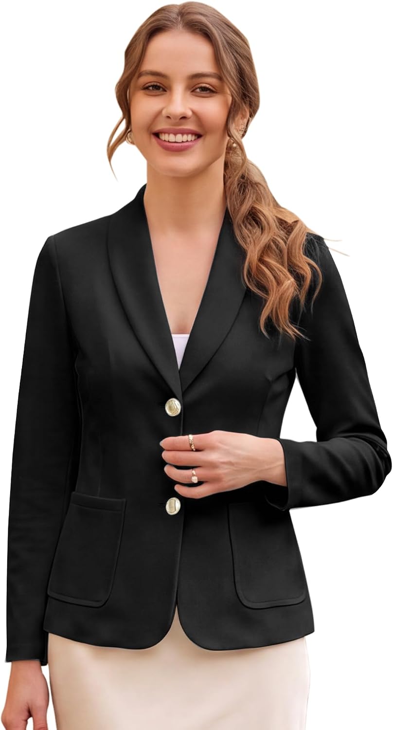 Women's Shawl Lapel Blazer - Button Down Suit Jacket with Long Sleeves and Side Pockets for Formal Office Wear - Small