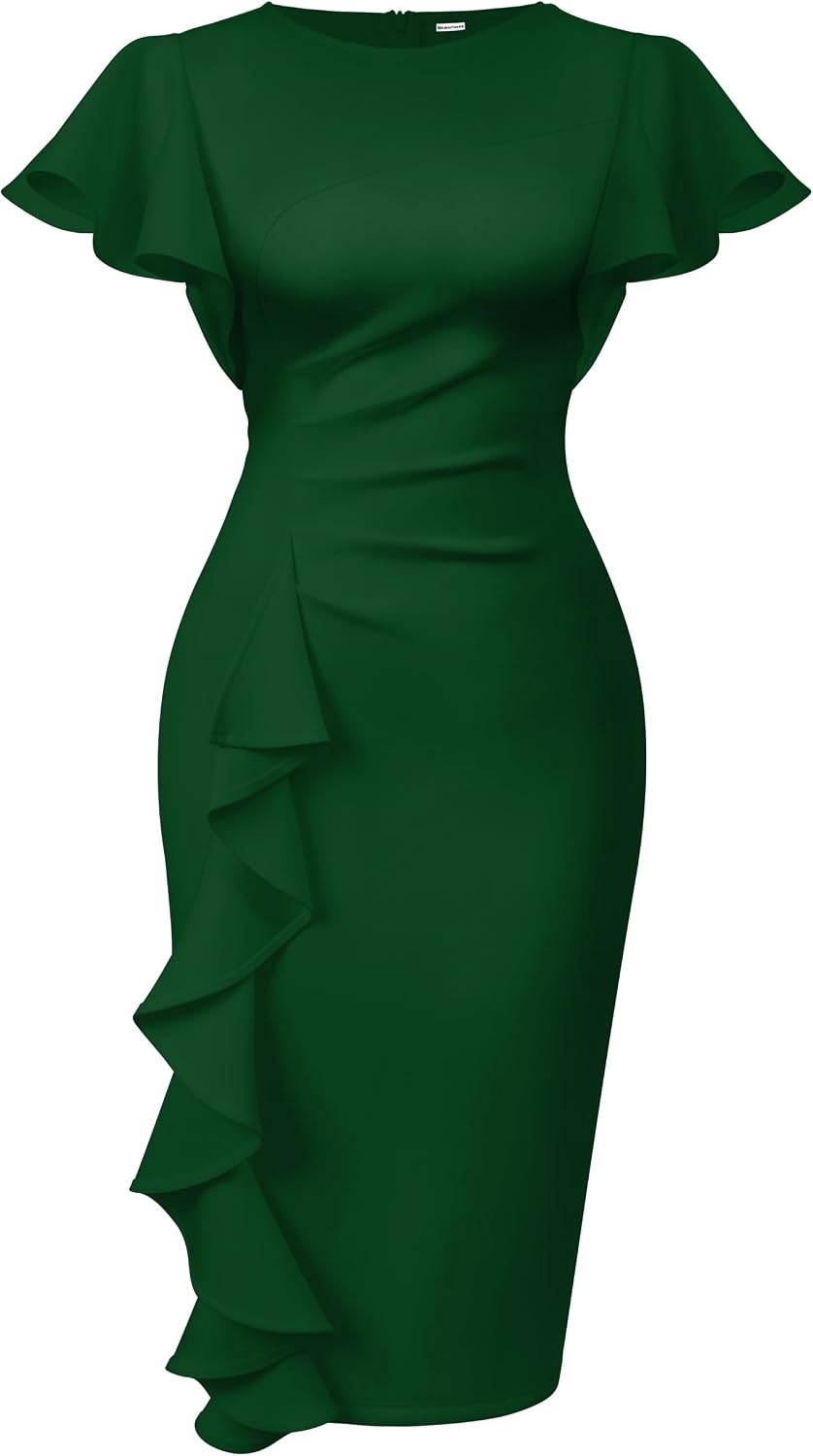 Women's Ruffle Sleeve Sheath Dress - Ruched Waist Midi with Back Zipper and Knee Length Hem for Office Wear - Medium