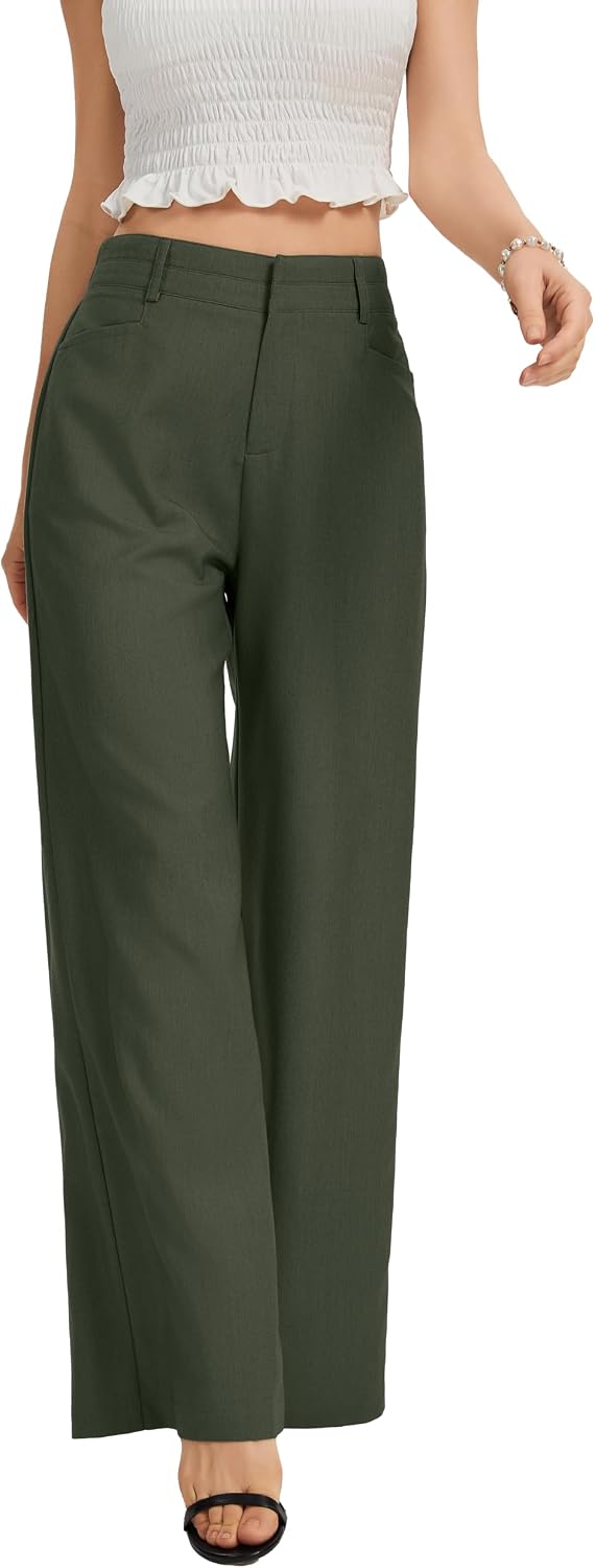 Women's High Waist Wide Leg Work Pants - Loose Office Slacks with Back Elastic Waistband for Business Casual - Small (53