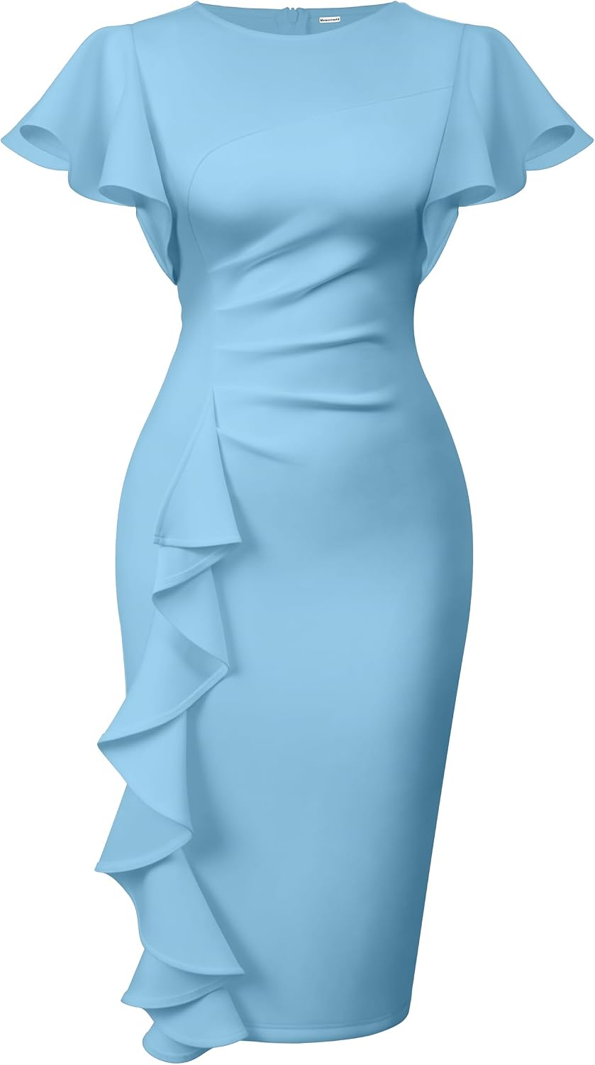 Women's Ruffle Sleeve Sheath Dress - Ruched Waist Midi with Back Zipper and Knee Length Hem for Office Wear - Small