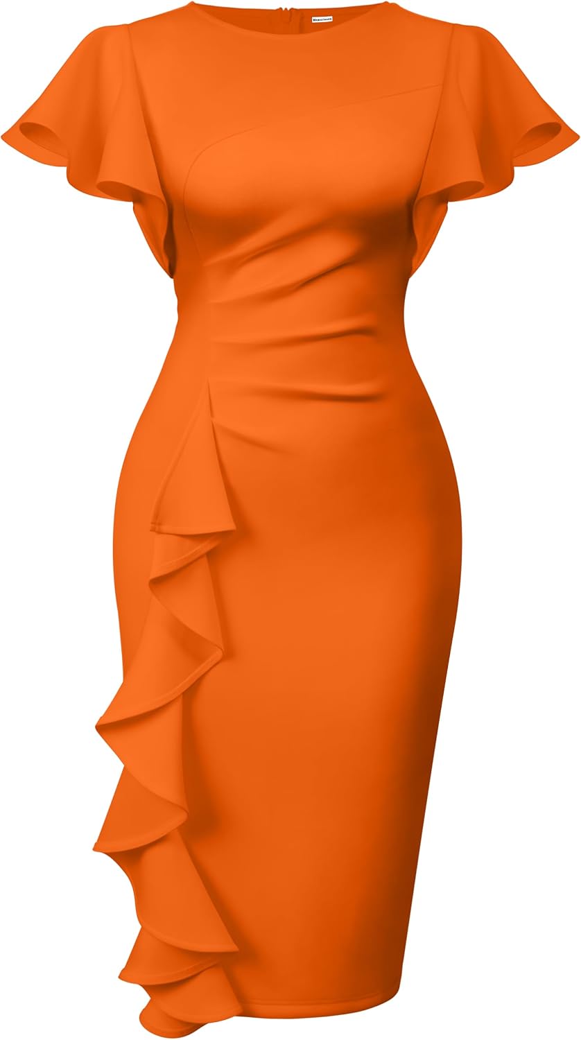 Women's Ruffle Sleeve Sheath Dress - Ruched Waist Midi with Back Zipper and Knee Length Hem for Office Wear - Medium