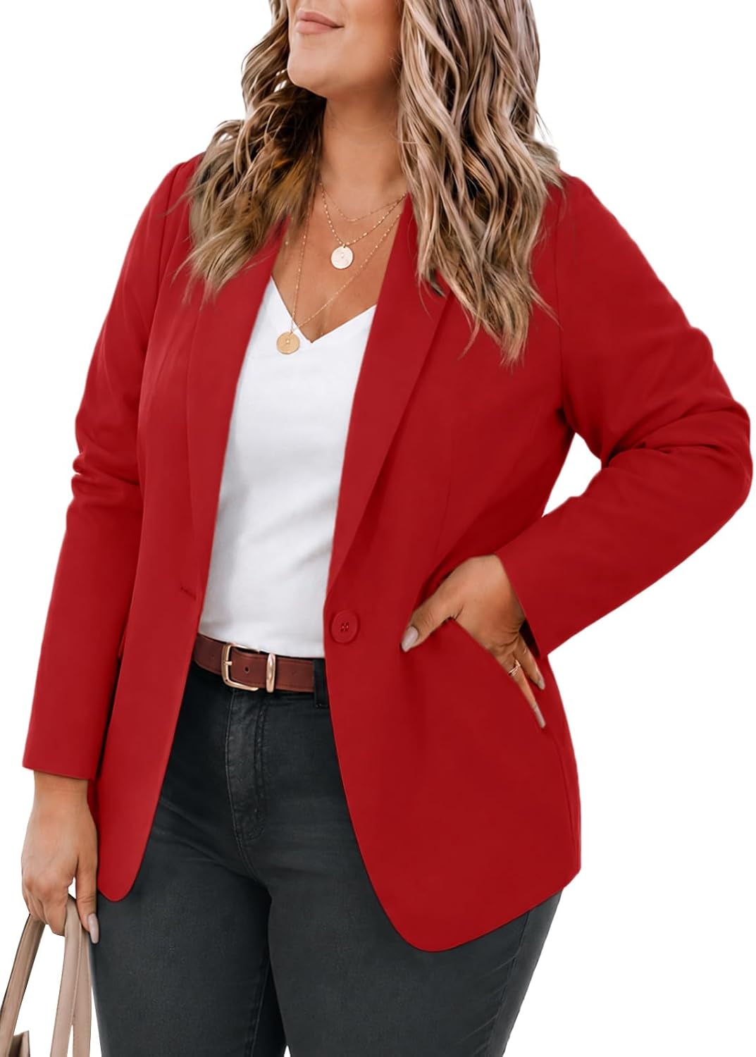 Women's Plus Size Lapel Blazer - Wrinkle Resistant Fabric, Single Button and Two Flap Pockets for Office Work - Large Pl