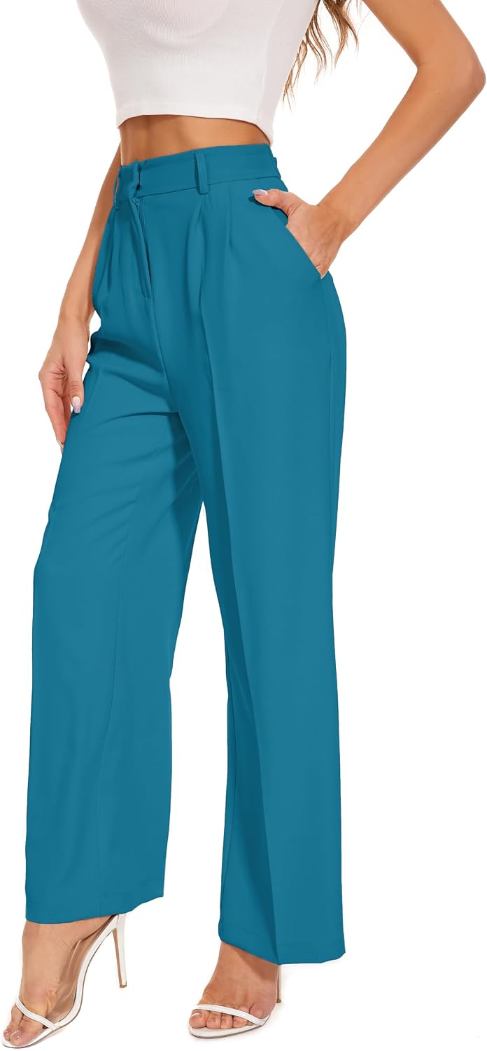 Women's High Waist Wide Leg Work Pants - Loose Office Slacks with Back Elastic Waistband for Business Casual - Small Lon
