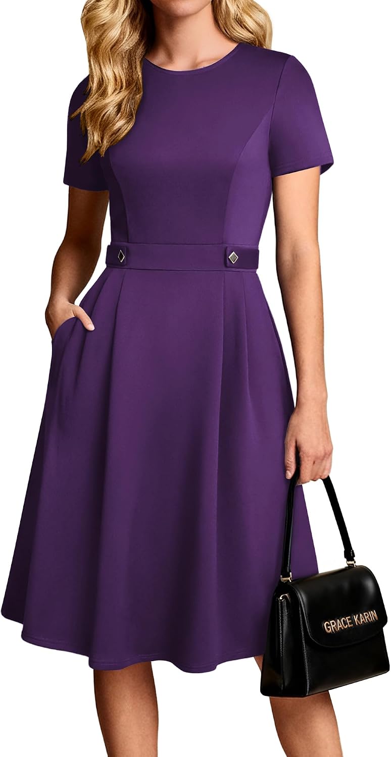 Women's Short Sleeve Midi Work Dress - Fit and Flare A-Line with Zipper Back and Pockets for Office and Church - Small