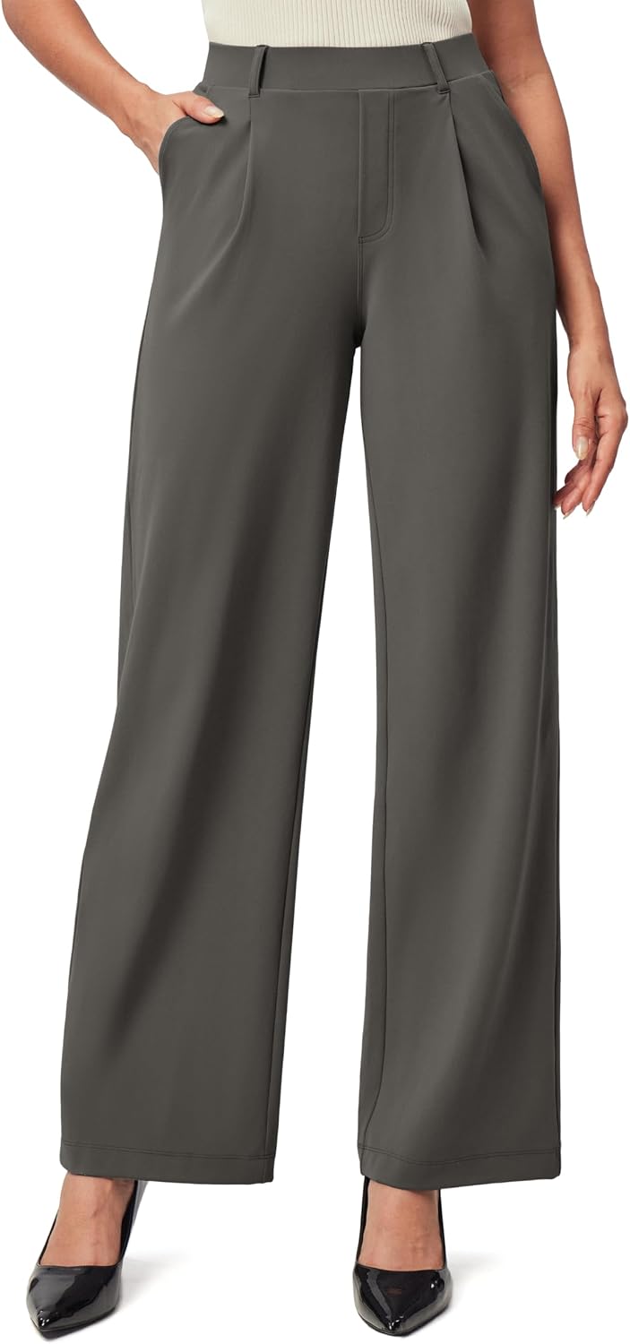 Women's Stretchy Wide Leg Work Pants - Pull On High Waisted Trousers for Teaching, Travel and Office Days - Small