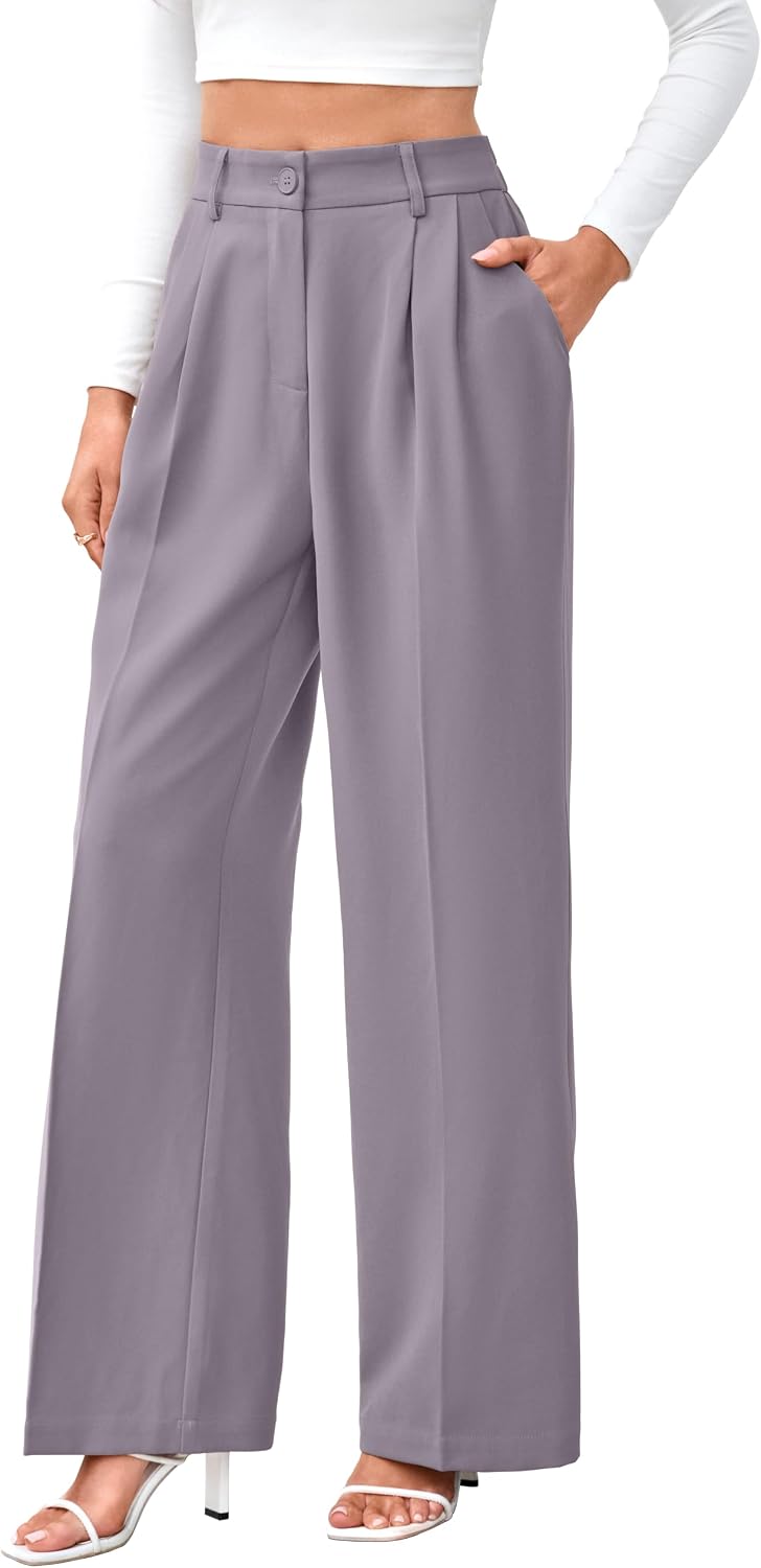 Women's High Waist Wide Leg Work Pants - Loose Office Slacks with Back Elastic Waistband for Business Casual - Small Sho