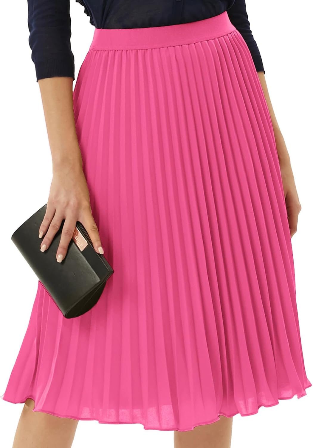 Women's Pleated Chiffon Midi Skirt - A-Line Flowy Swing Skirt with High Elastic Waist for Work and Party Wear - Medium