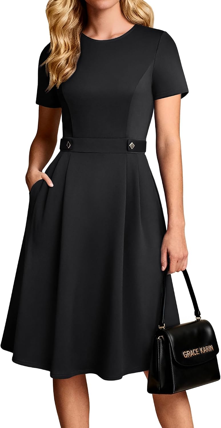 Women's Short Sleeve Midi Work Dress - Fit and Flare A-Line with Zipper Back and Pockets for Office and Church - Small
